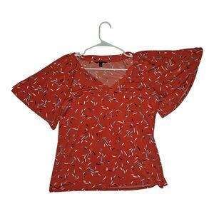 Banana Republic Top Women's Medium V-Neck Gather Sleeve Orange AOP Preppy